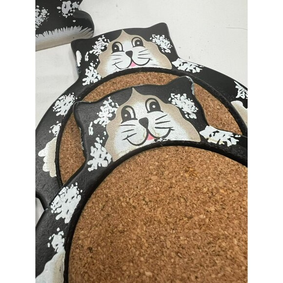 Set Of 4 Kitty Cat Coasters Hand Painted with Carrier Cork Center Black & White - Picture 2 of 9